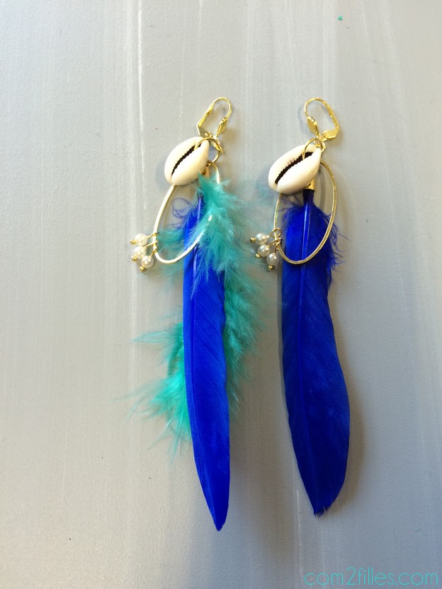 boucles d'oreilles plumes coquillages - la perle des loisirs