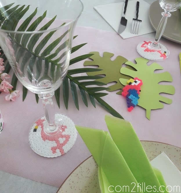 Deco de table tropicale - dessous de verre - perles hama - flamand rose