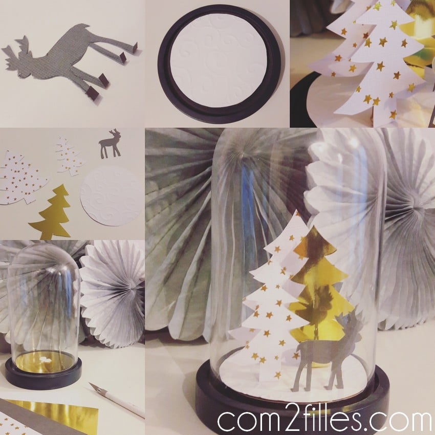 tuto - deco de noel - foret en papier sous cloche