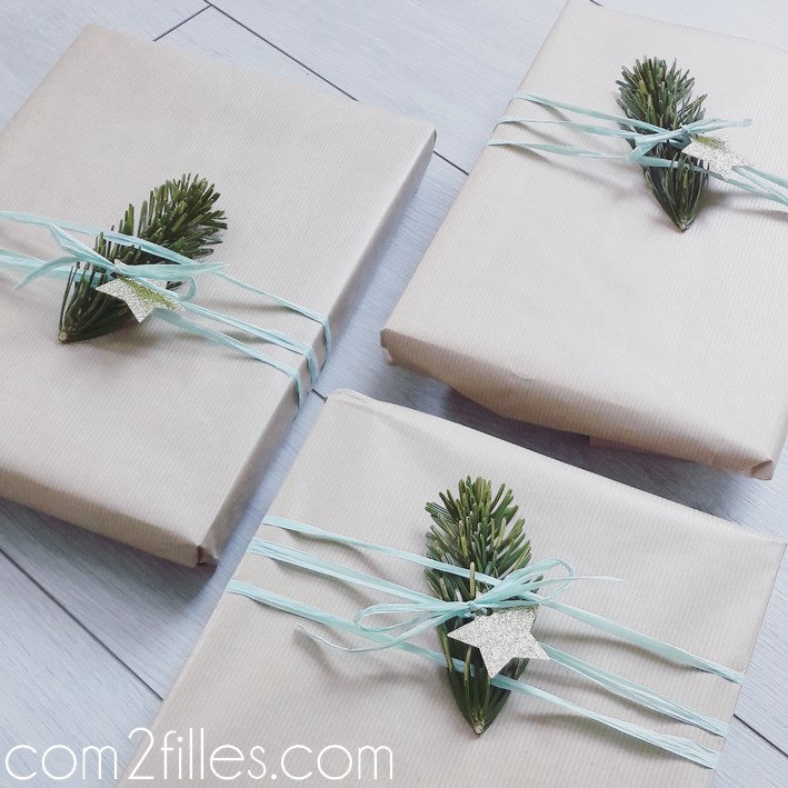 Noel - paquet cadeaux - kraft, ruban et branche