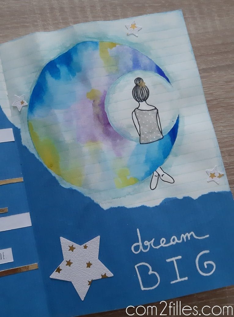 carnet créatif - aquarelle - collage creatif - lune - dream